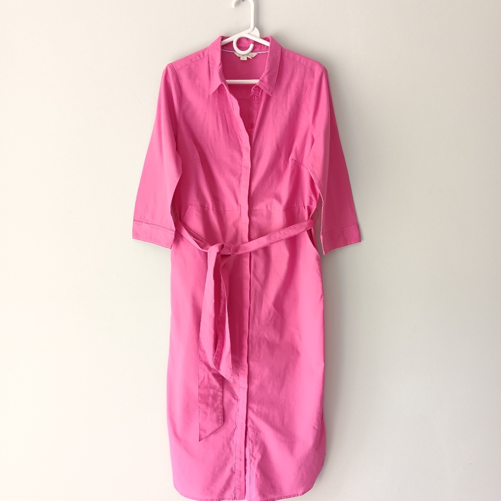 Boden Linen Cotton Midi Shirt Dress 3/4 Sleeve Button Front Pink Size 8L